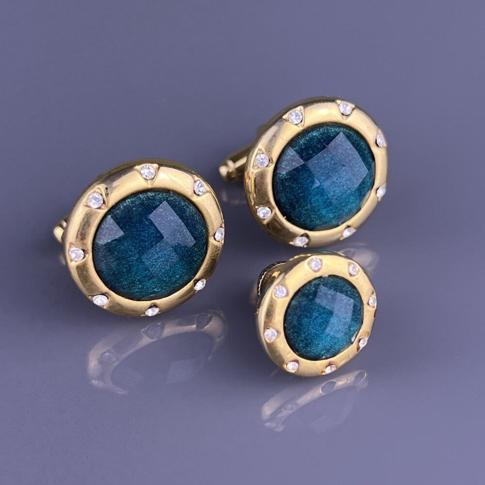 Teal Green Cut Acrylic Cufflinks Tie Pin Gold Tone White Rhinestones Vintage
